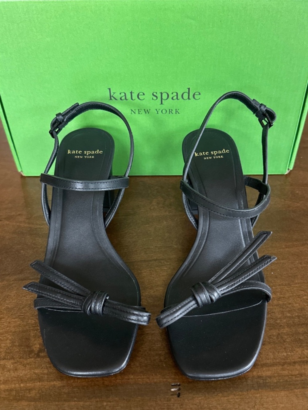 Kate Spade New York Black Loop Block Heel Sandals Bow Strappy Square Toe 6.5 NEW